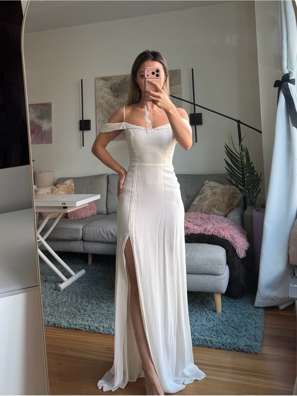 Reformation Jezebel Off-Shoulder Slit Maxi Gown